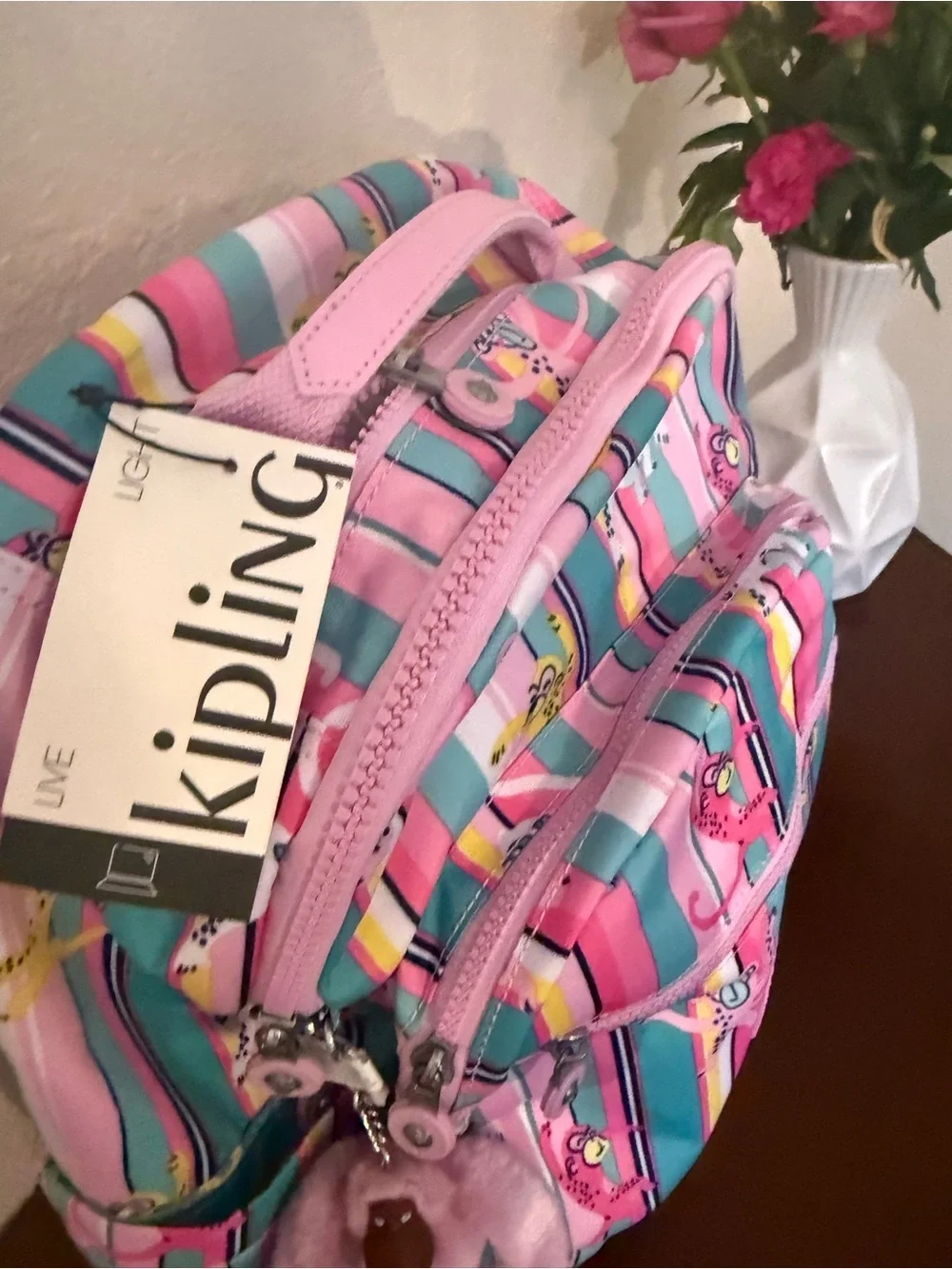 Kipling Pink Teal Multi-Color Striped Monkey Backpack